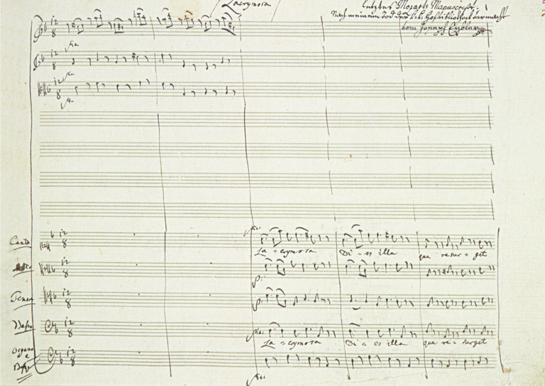 One page of Mozart's original manuscript for the Lacrimosa